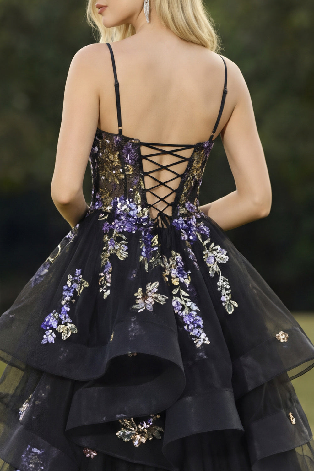 Sparkly Black A Line Sequins Tulle Long Prom Dress with Ruffles