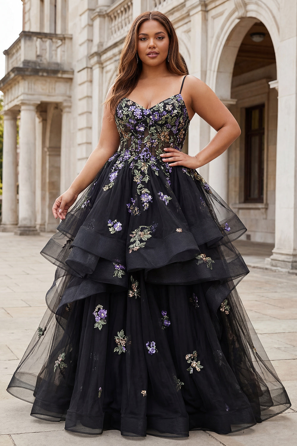 Sparkly Black A Line Sequins Tulle Long Prom Dress with Ruffles
