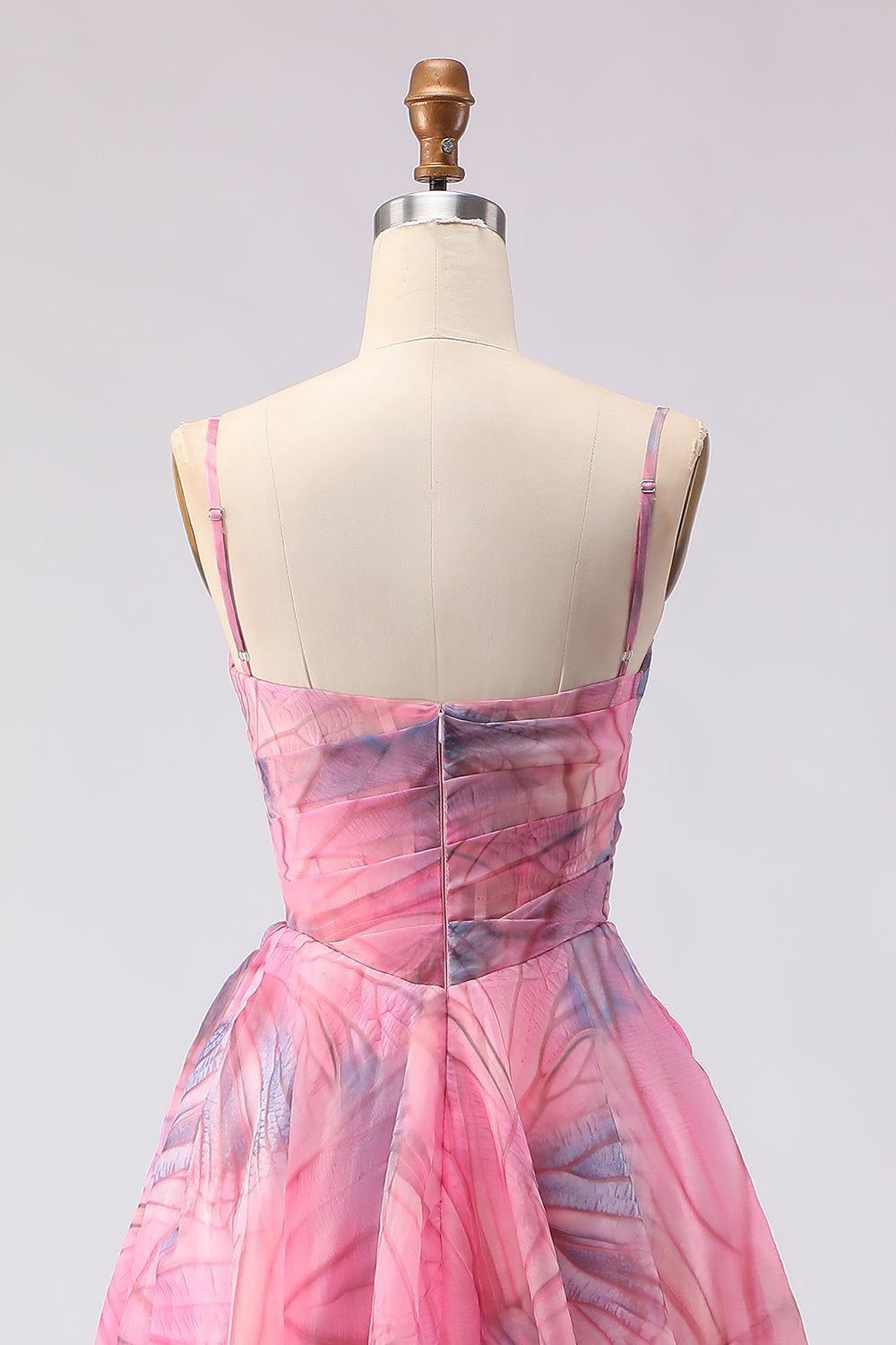 Pink Floral A Line Tulle Spaghetti Straps Long Prom Dress with Slit
