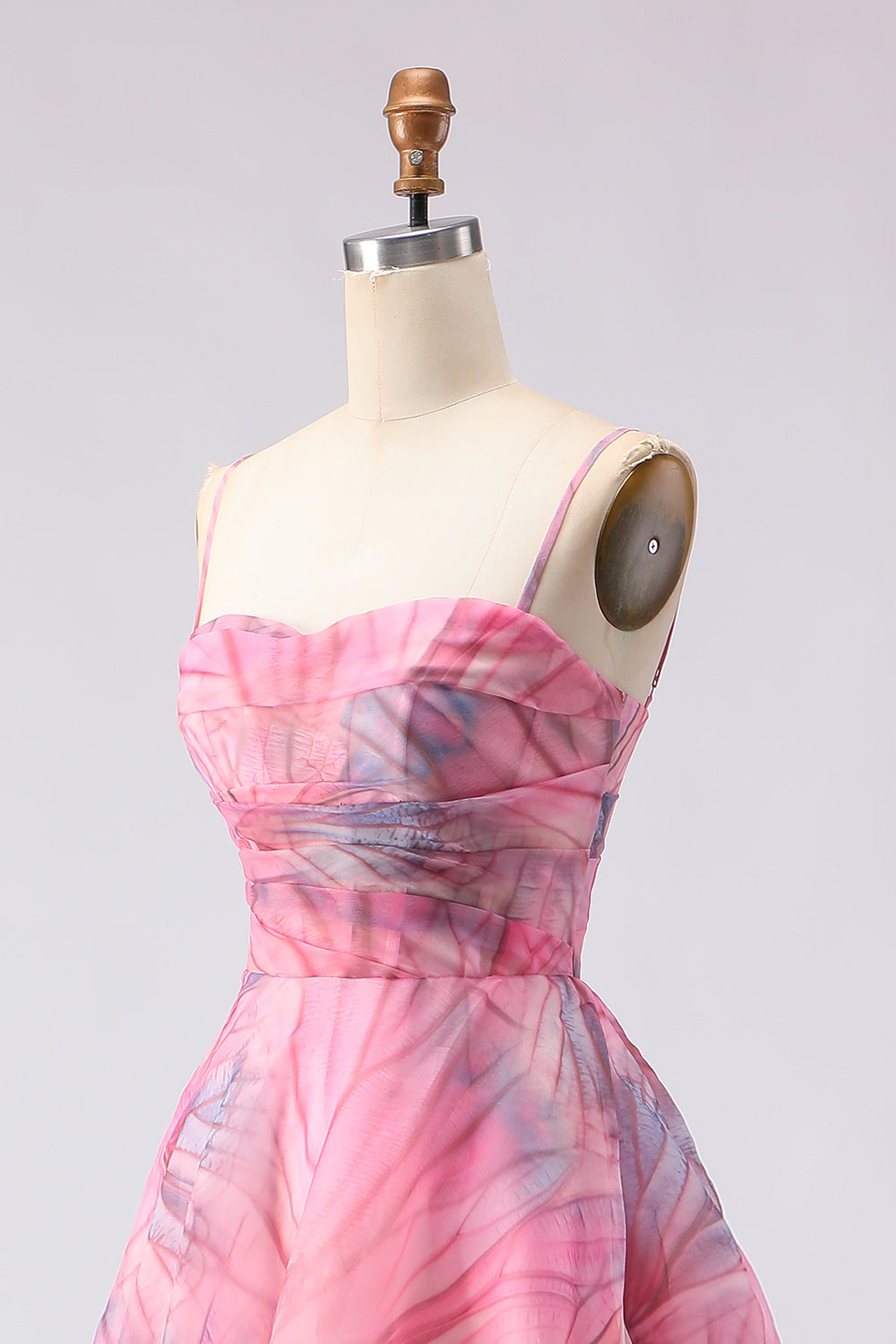 Pink Floral A Line Tulle Spaghetti Straps Long Prom Dress with Slit