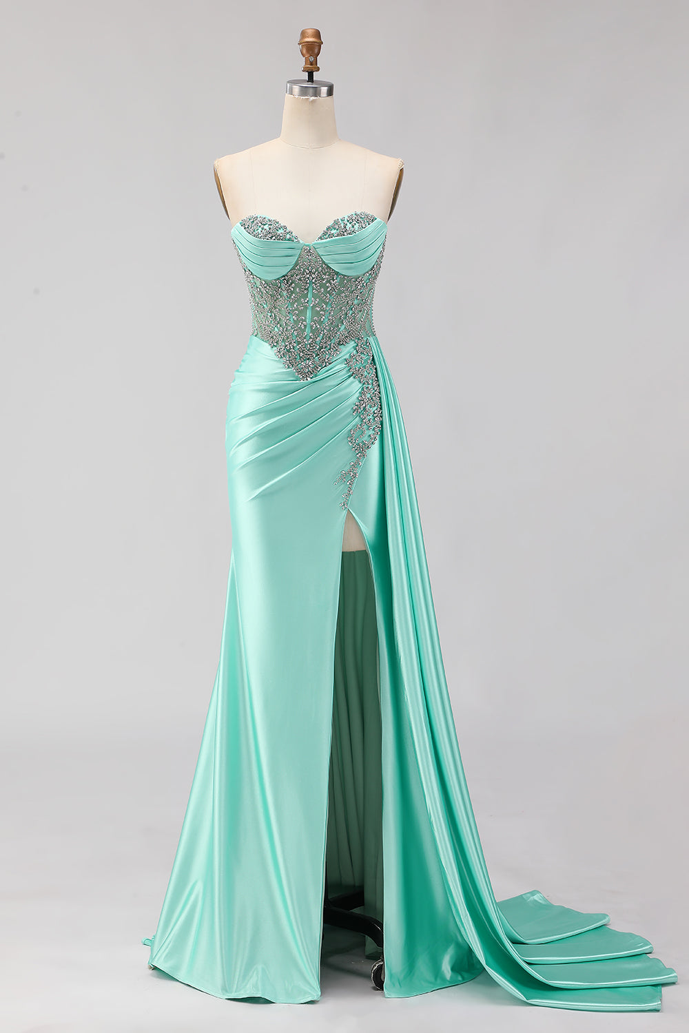 Sparkly Mint Green Plus Size Beaded Mermaid Long Corset Prom Dress with Slit