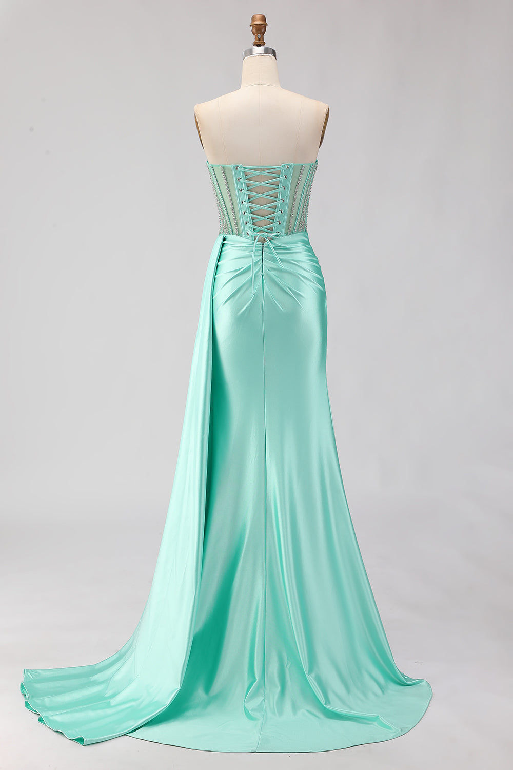 Sparkly Mint Green Plus Size Beaded Mermaid Long Corset Prom Dress with Slit