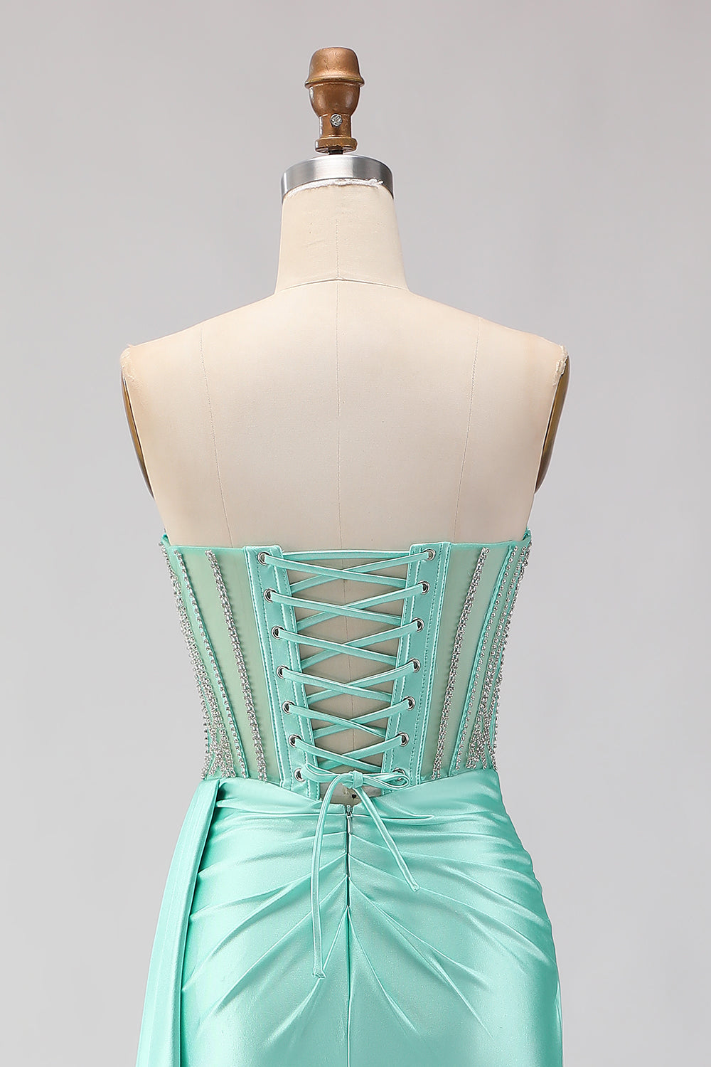 Sparkly Mint Green Beaded Mermaid Long Corset Prom Dress with Slit
