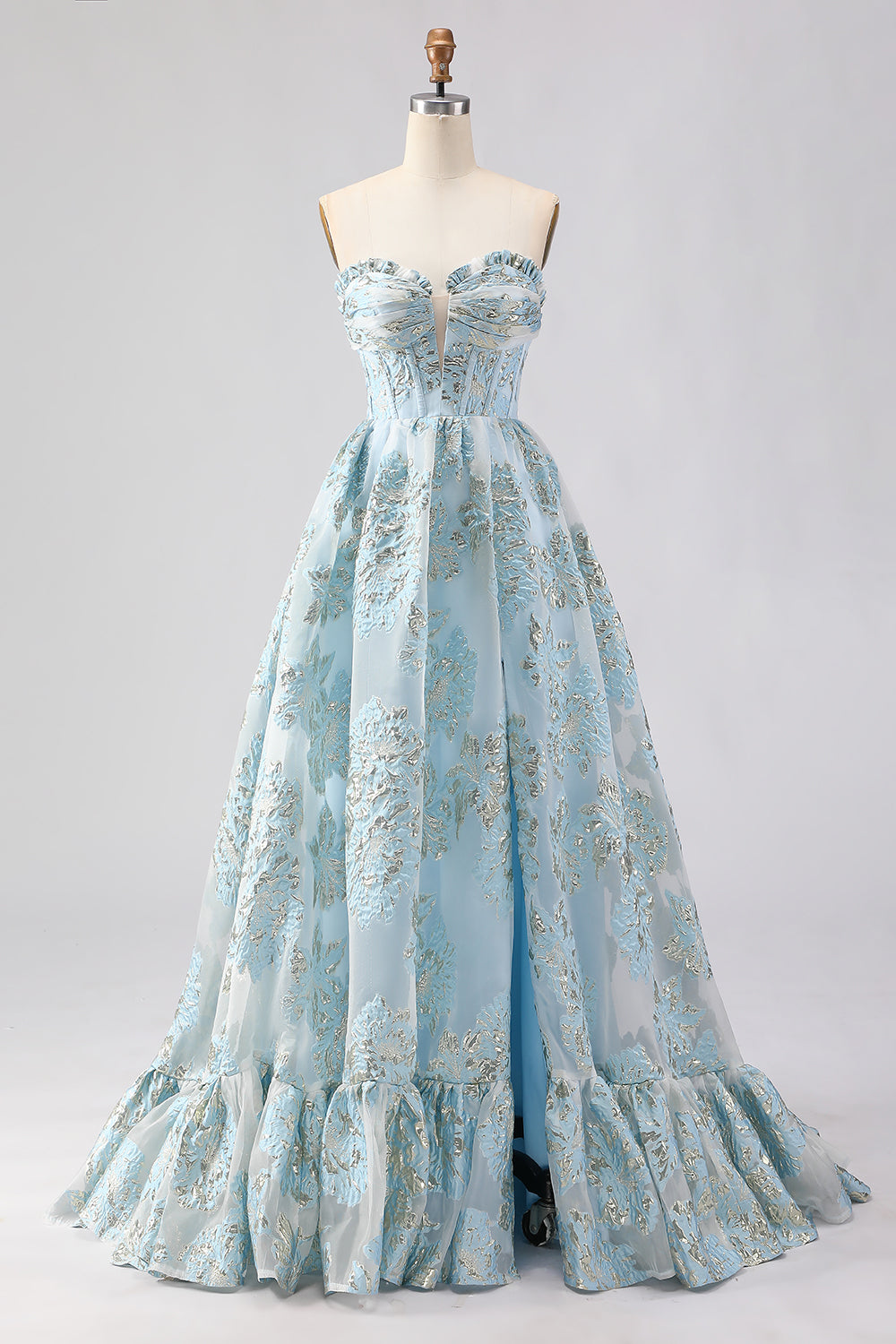 Floral Light Blue Sweetheart Ruffled Long Corset Prom Dress with Slit