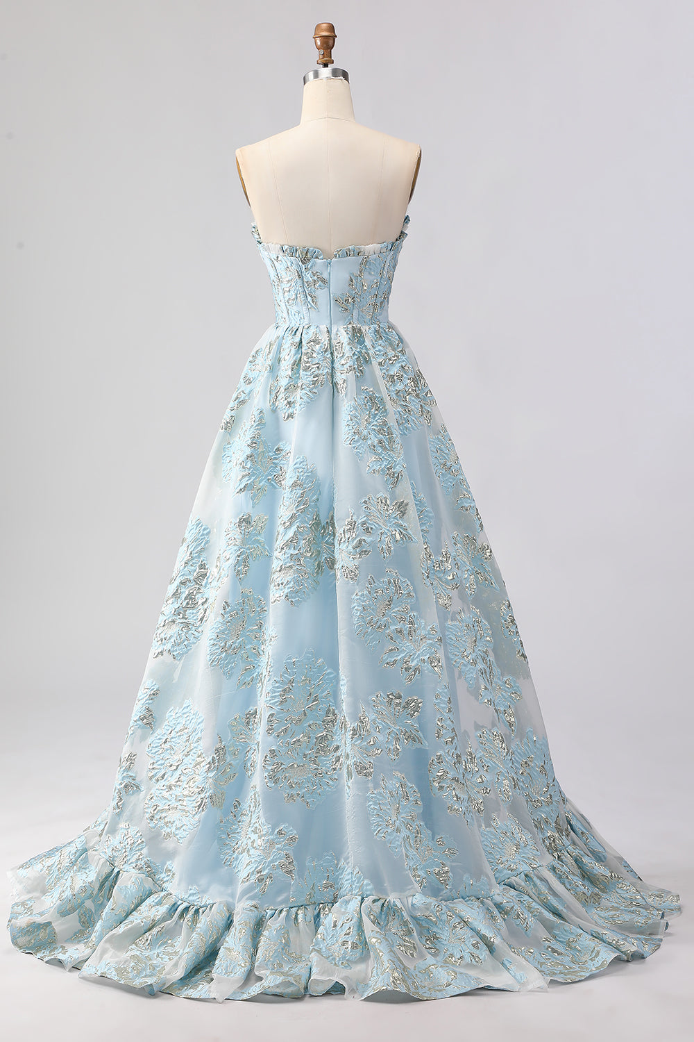 Floral Pink Sweetheart Ruffled A-Line Long Corset Prom Dress with Slit