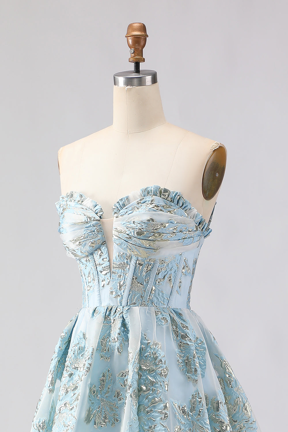 Floral Pink Sweetheart Ruffled A-Line Long Corset Prom Dress with Slit