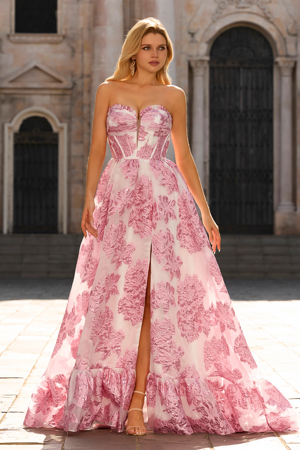 Floral Light Blue Sweetheart Ruffled Long Corset Prom Dress with Slit