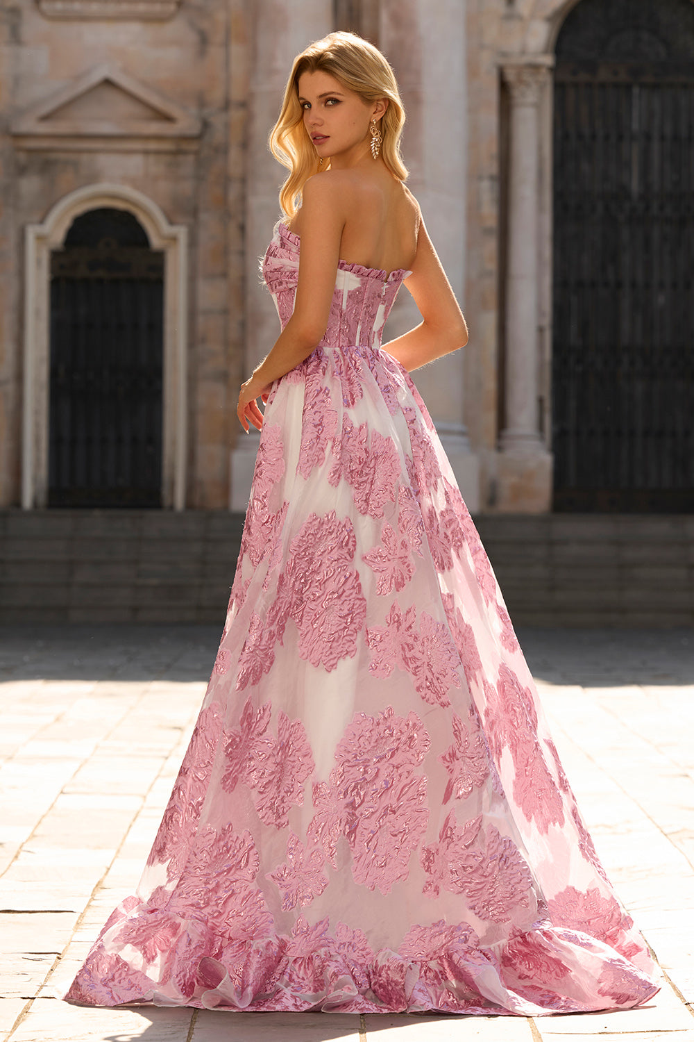 Floral Light Blue Sweetheart Ruffled Long Corset Prom Dress with Slit
