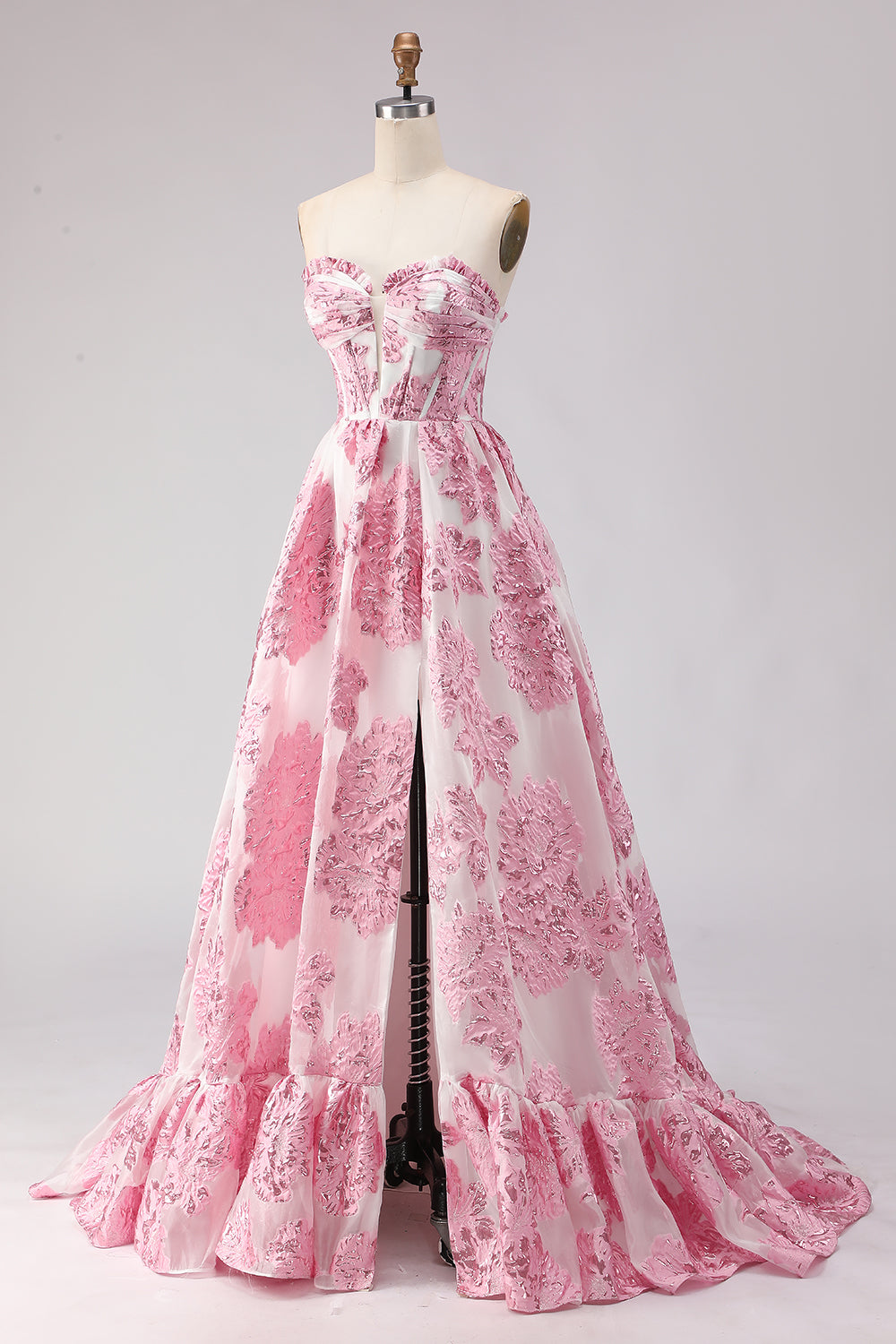 Floral Light Blue Plus Size Sweetheart Ruffled Long Corset Prom Dress with Slit