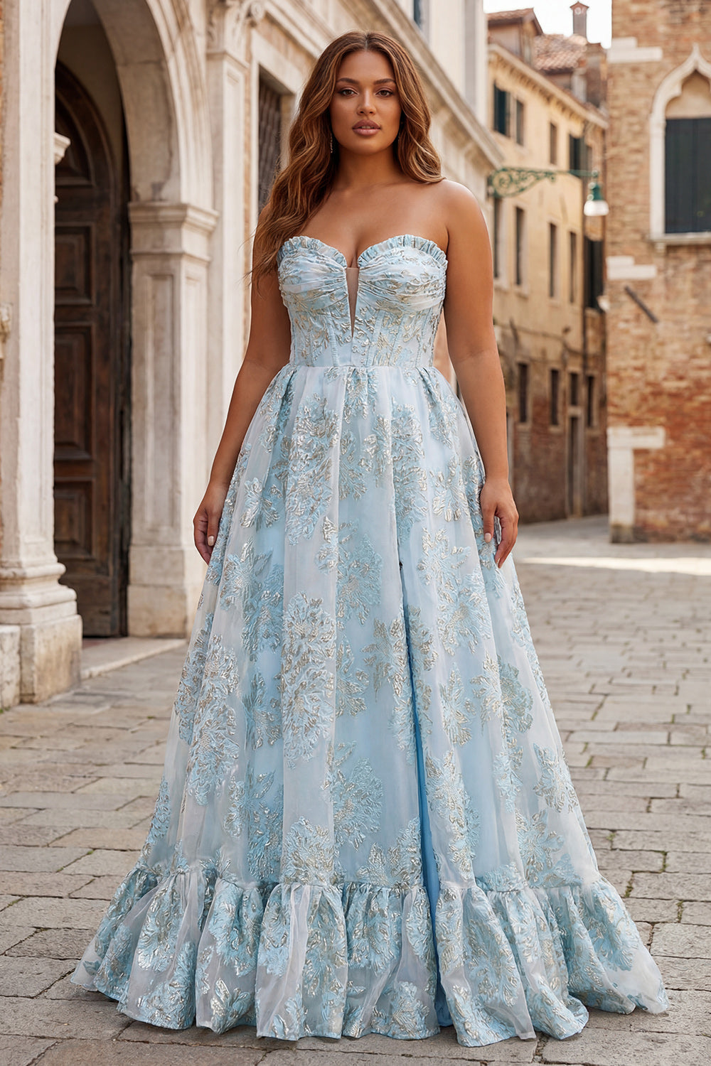 Floral Pink Sweetheart Ruffled A-Line Long Corset Prom Dress with Slit