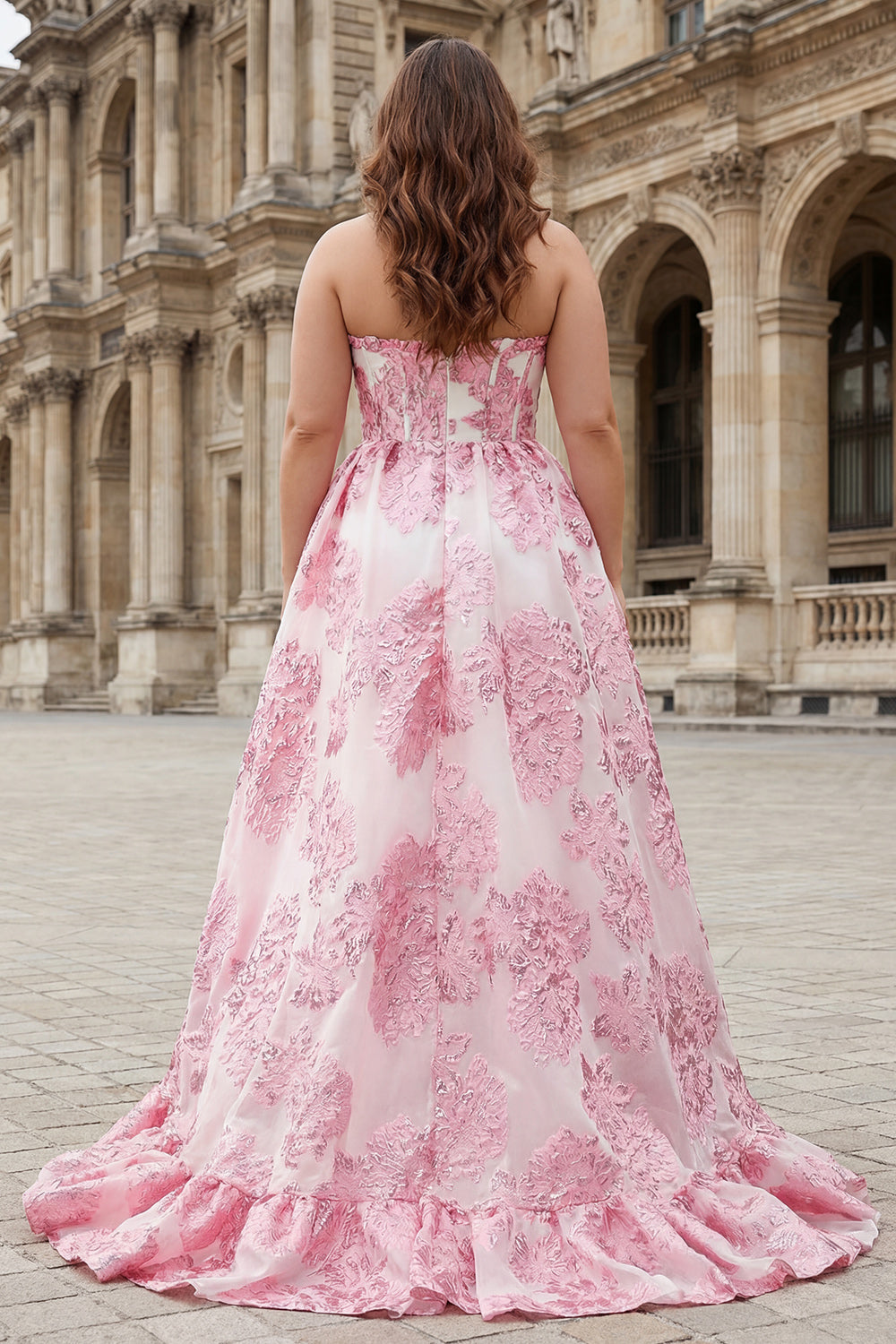 Floral Pink Sweetheart Ruffled A-Line Long Corset Prom Dress with Slit