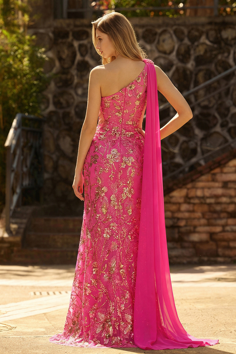 Sparkly Fuchsia Floral One Shoulder Cut Out Mermaid Long Prom Dress with Slit