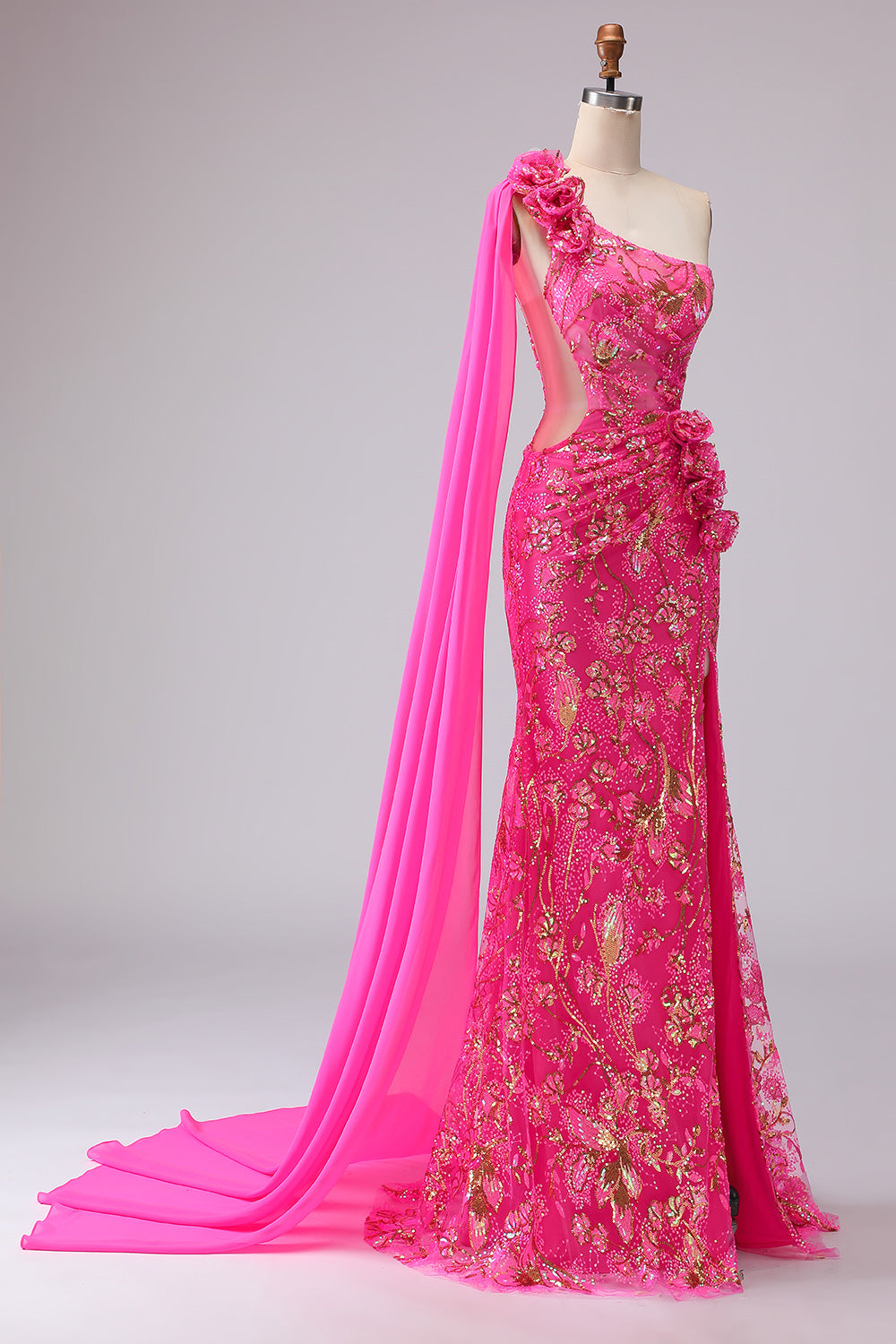 Sparkly Fuchsia Floral One Shoulder Cut Out Mermaid Long Prom Dress with Slit