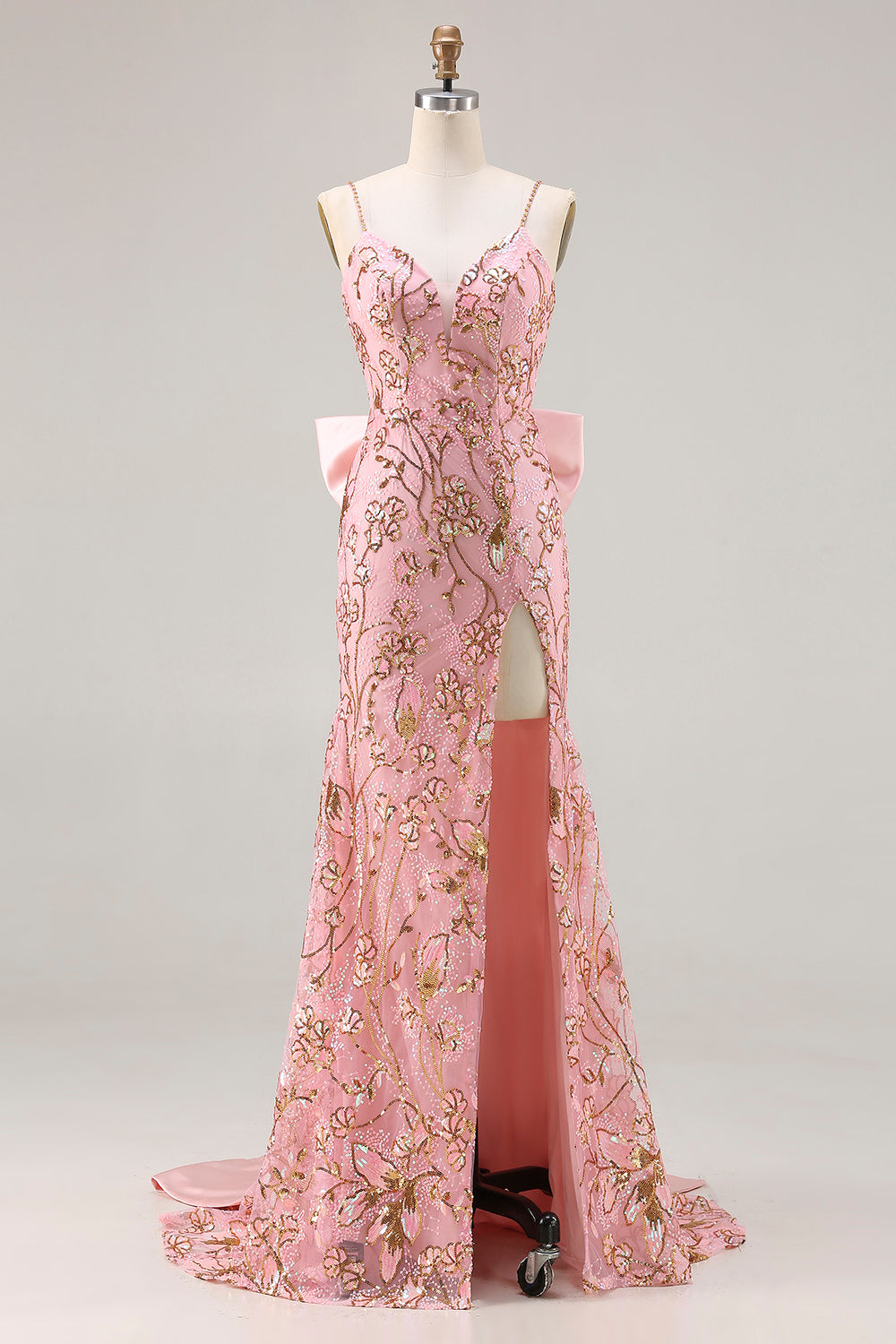 Sparkly Floral Pink Mermaid Sequin Long Prom Dress with Slit