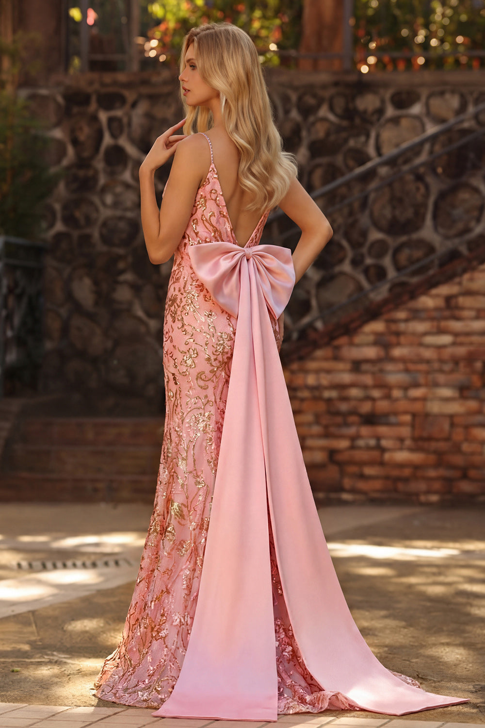 Sparkly Floral Pink Mermaid Sequin Long Prom Dress with Slit