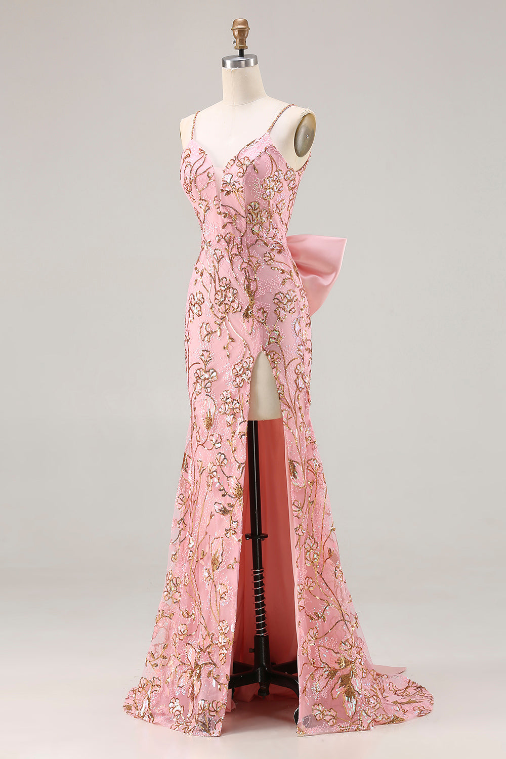 Sparkly Floral Pink Mermaid Sequin Long Prom Dress with Slit