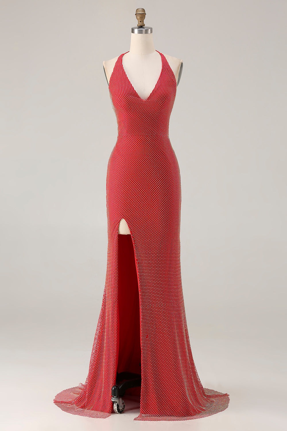 Sparkly Red Mermaid Halter Beaded Long Prom Dress with Slit