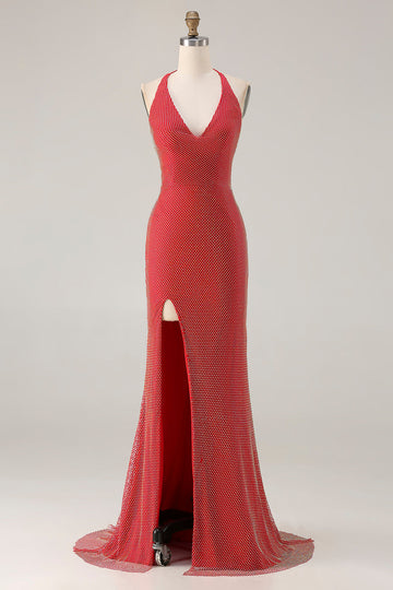 Sparkly Red Mermaid Halter Beaded Long Prom Dress with Slit