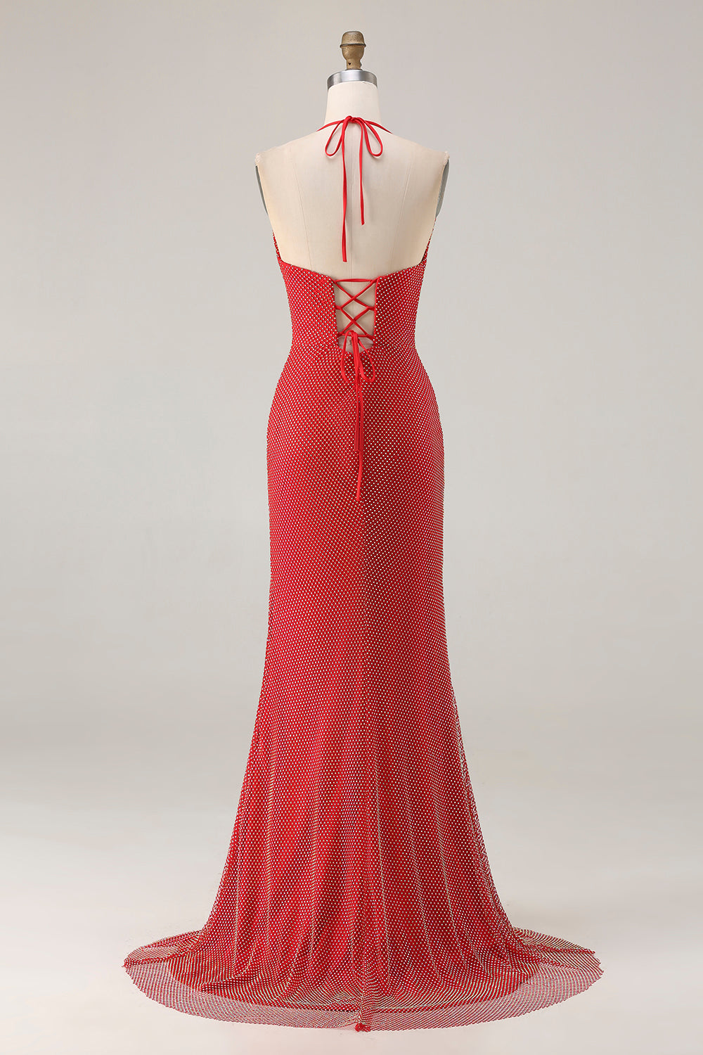 Sparkly Red Mermaid Halter Beaded Long Prom Dress with Slit
