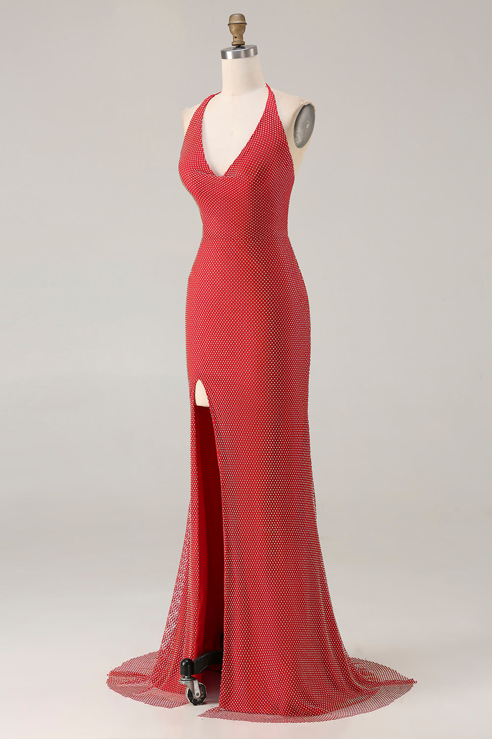 Sparkly Red Mermaid Halter Beaded Long Prom Dress with Slit