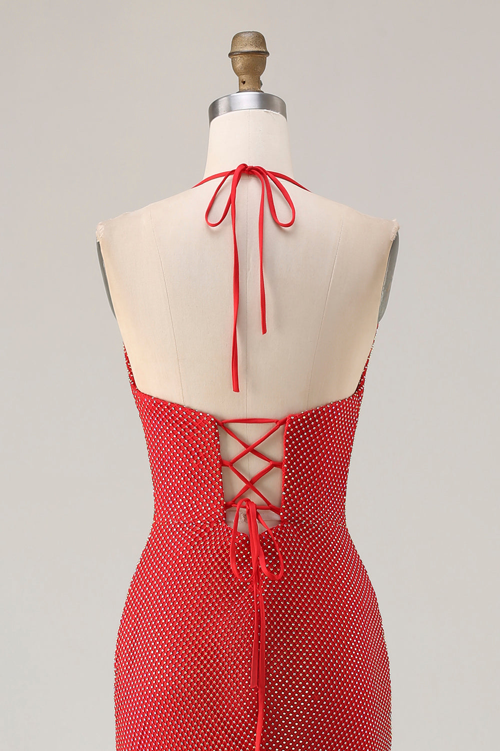 Sparkly Red Mermaid Halter Beaded Long Prom Dress with Slit