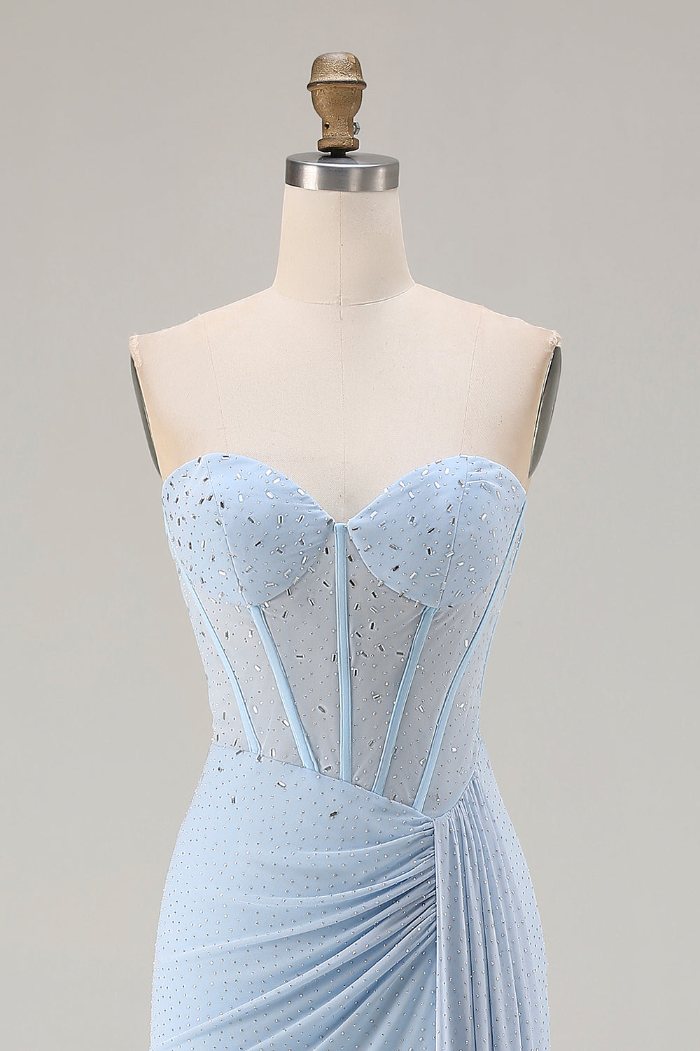 Sparkly Sky Blue Mermaid Beaded Long Corset Prom Dress with Slit