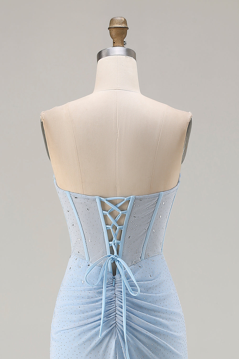 Sparkly Sky Blue Mermaid Beaded Long Corset Prom Dress with Slit
