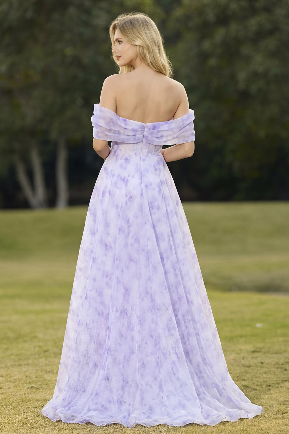 Floral Lilac A Line Off the Shoulder Long Corset Prom Dress with Slit