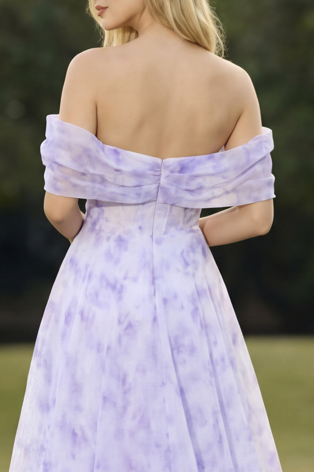 Floral Lilac A Line Off the Shoulder Long Corset Prom Dress with Slit