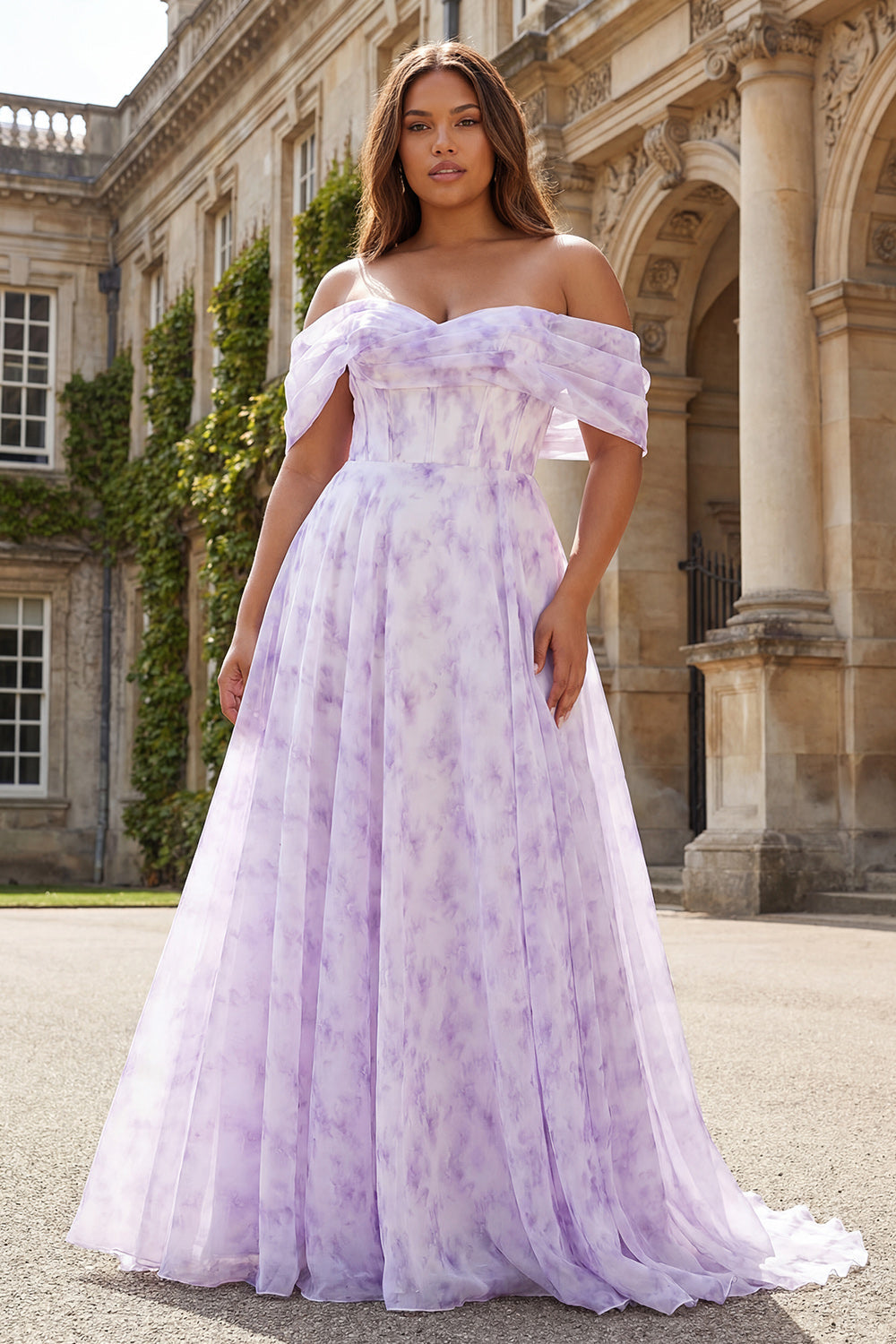 Floral Lilac A Line Off the Shoulder Long Corset Prom Dress with Slit