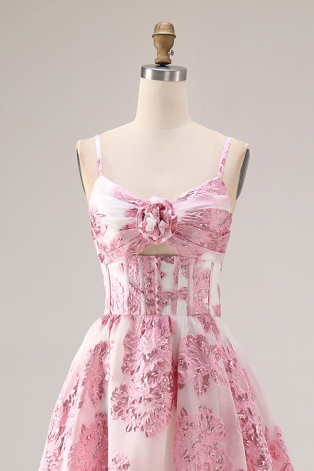 Floral Pink Spaghetti Straps Long Corset Prom Dress with Keyhole