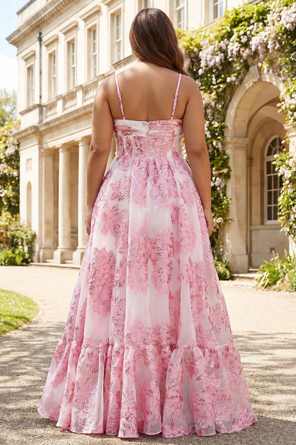 Floral Pink Spaghetti Straps Long Corset Prom Dress with Keyhole