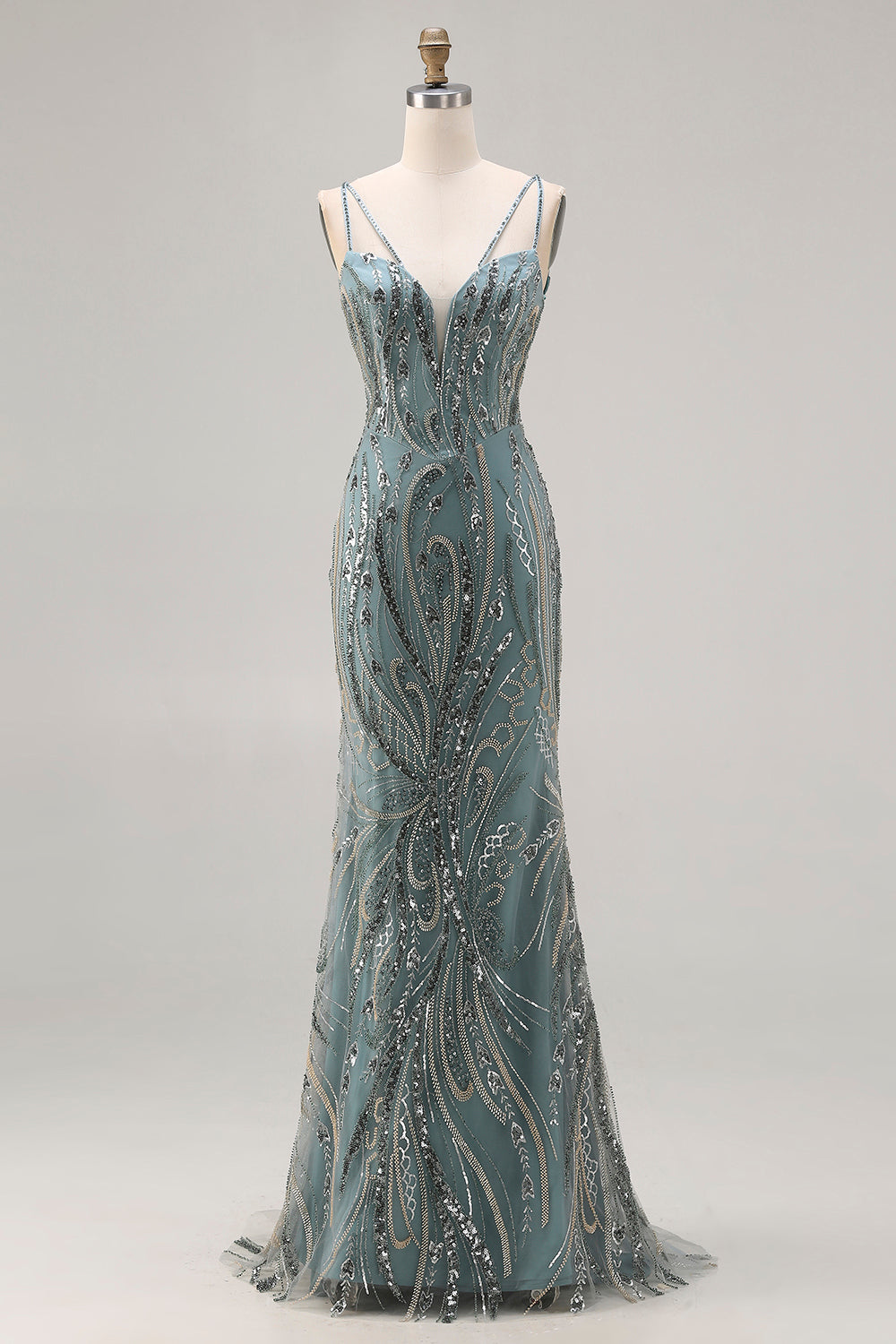 Sparkly Grey Blue Plus Size Beaded Mermaid Long Prom Dress