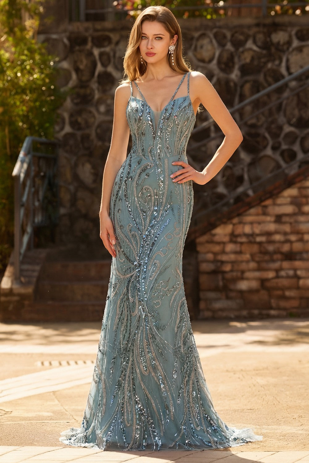Sparkly Grey Blue Beaded Mermaid Long Prom Dress