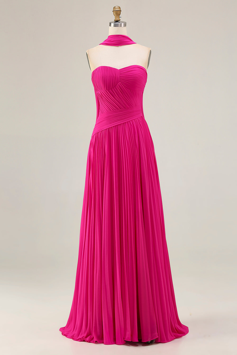 Plus Size Fuchsia Strapless Pleated Neck Scarf A Line Long Prom Dress