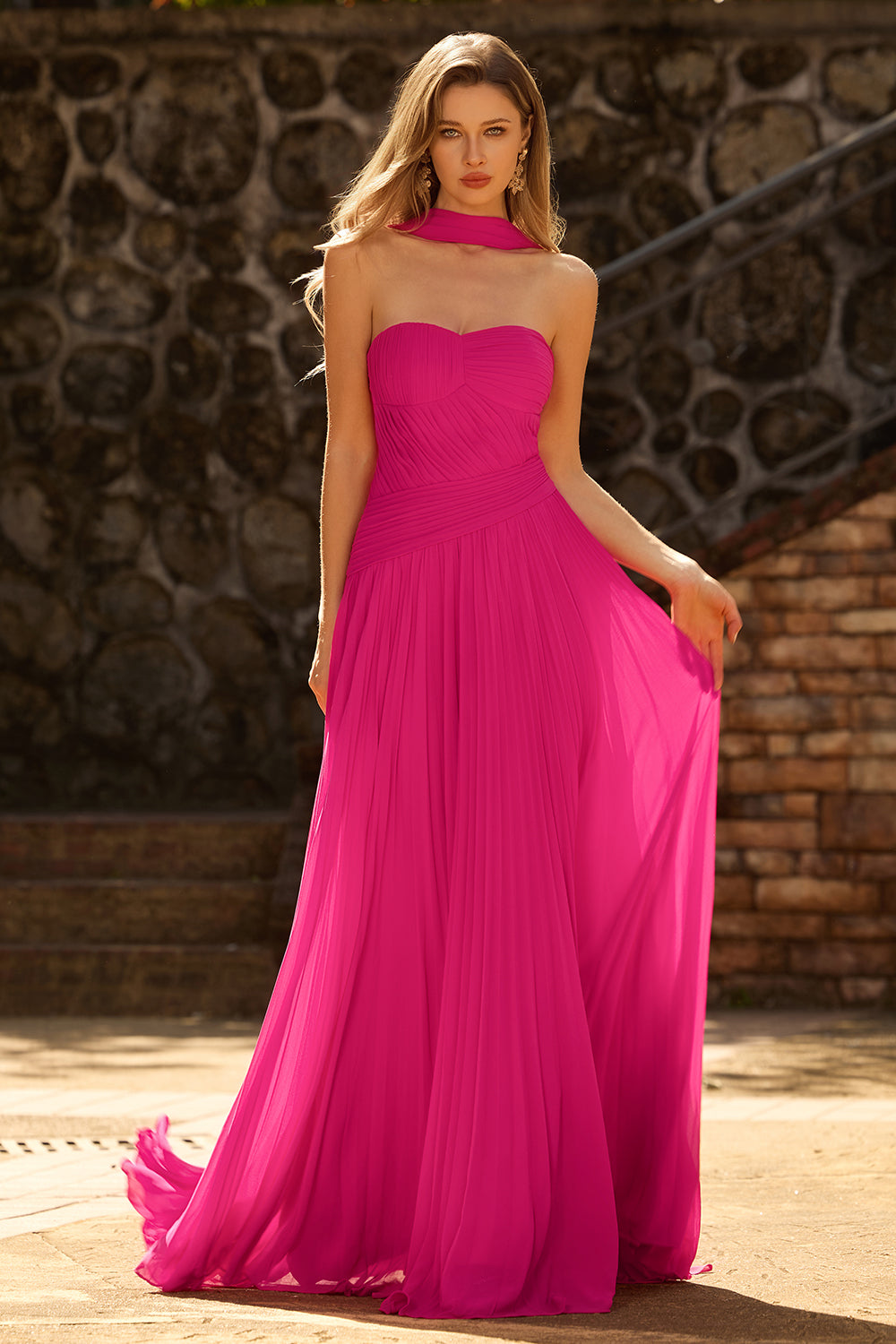 Fuchsia Strapless Pleated Neck Scarf A Line Long Prom Dress