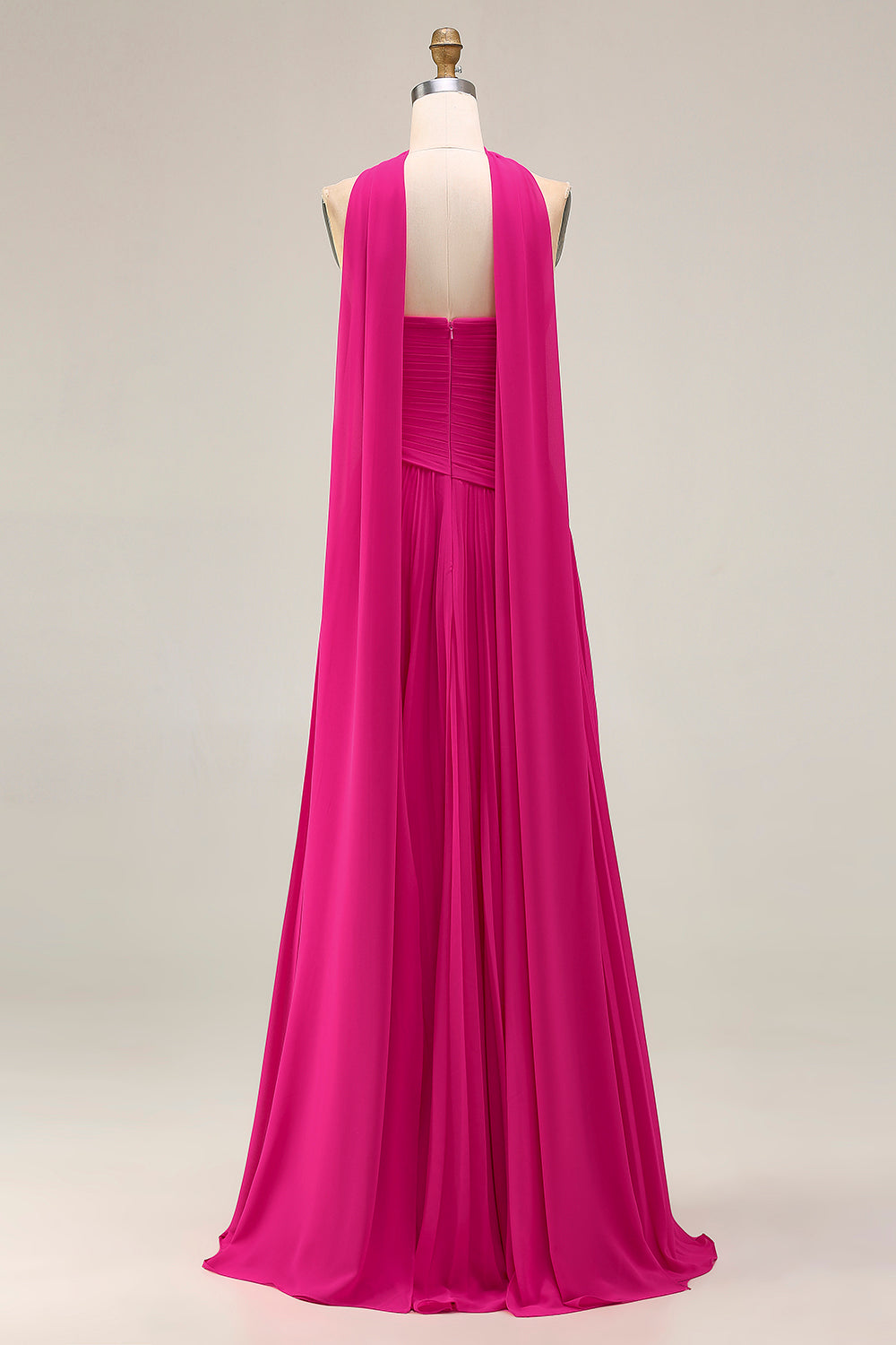Plus Size Fuchsia Strapless Pleated Neck Scarf A Line Long Prom Dress