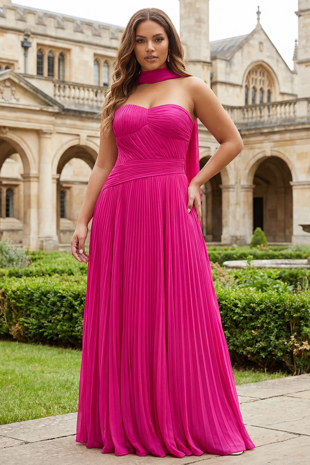 Fuchsia Strapless Pleated Neck Scarf A Line Long Prom Dress