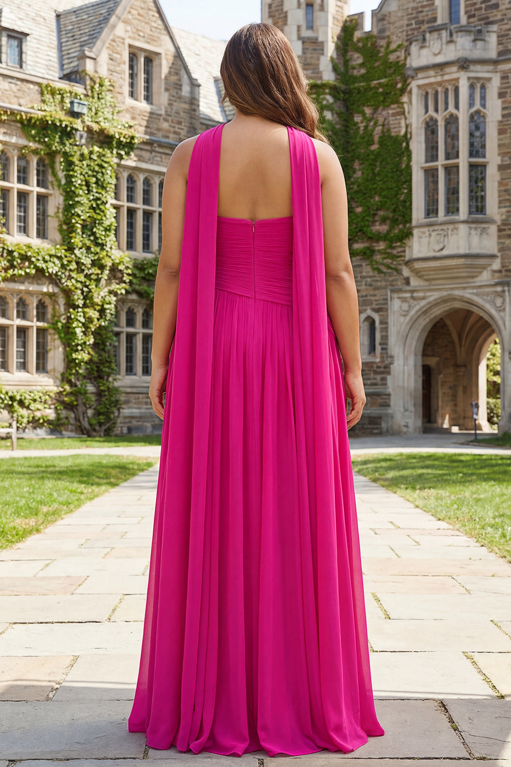 Fuchsia Strapless Pleated Neck Scarf A Line Long Prom Dress