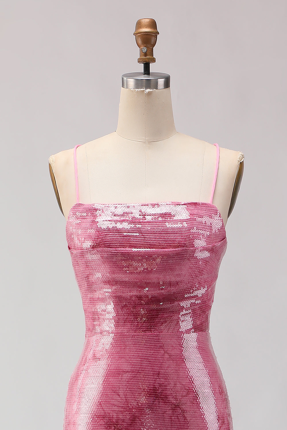 Sparkly Pink Sequins Mermaid Spaghetti Straps Long Prom Dress