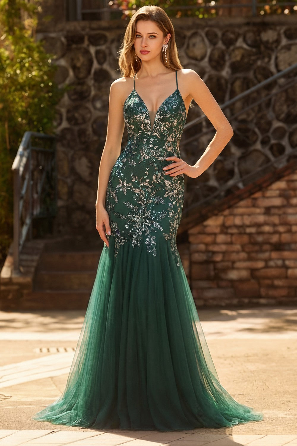 Sparkly Floral Dark Green Sequin Mermaid Tulle Long Prom Dress