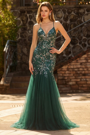 Sparkly Floral Dark Green Sequin Mermaid Tulle Long Prom Dress