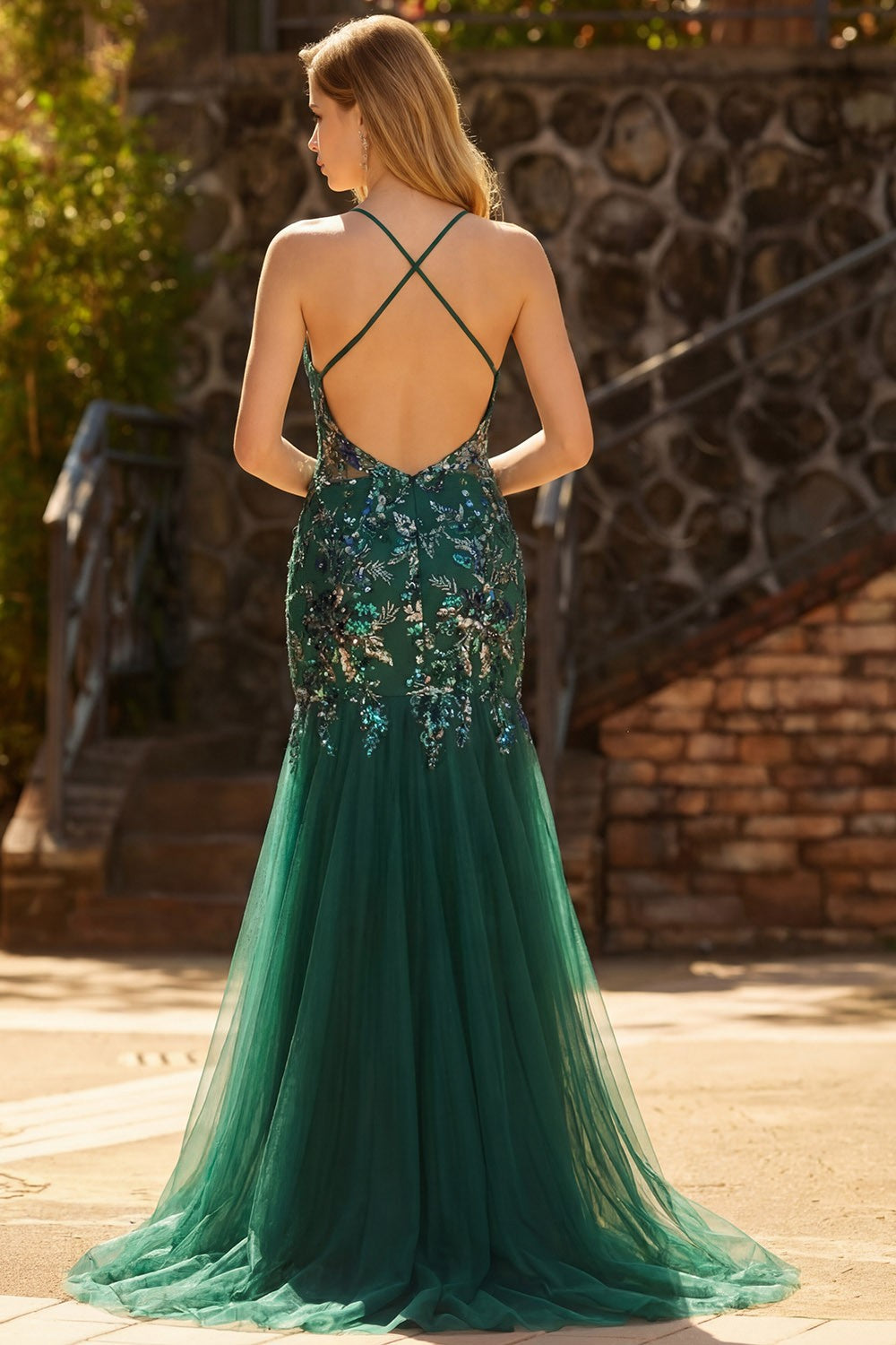 Sparkly Floral Dark Green Sequin Mermaid Tulle Long Prom Dress