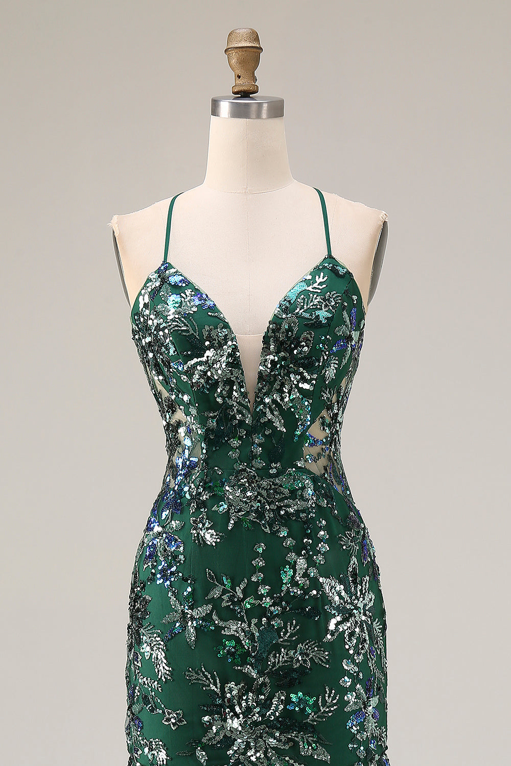 Sparkly Floral Dark Green Sequin Mermaid Tulle Long Prom Dress