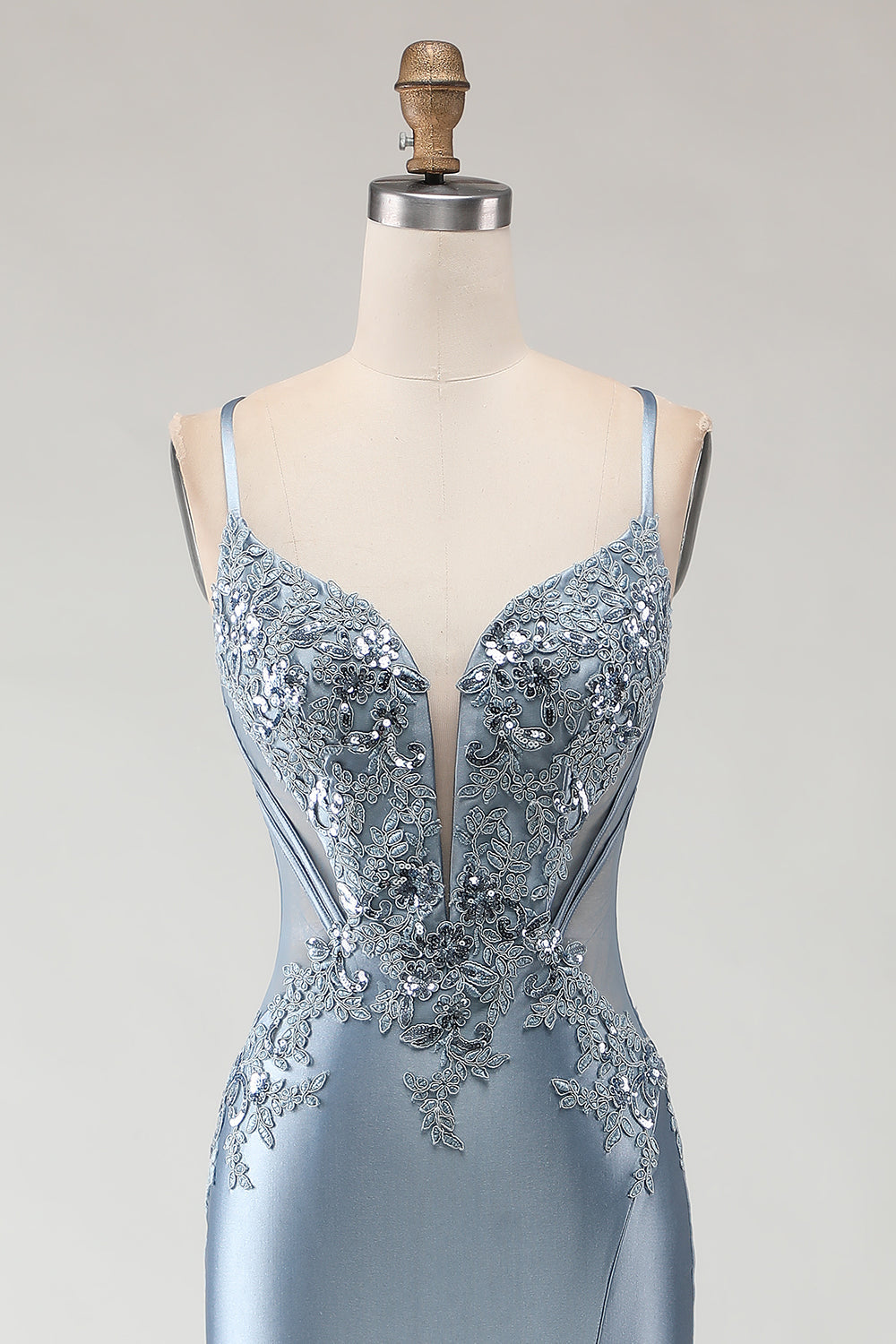 Sparkly Grey Blue Satin Mermaid Long Prom Dress with Appliques