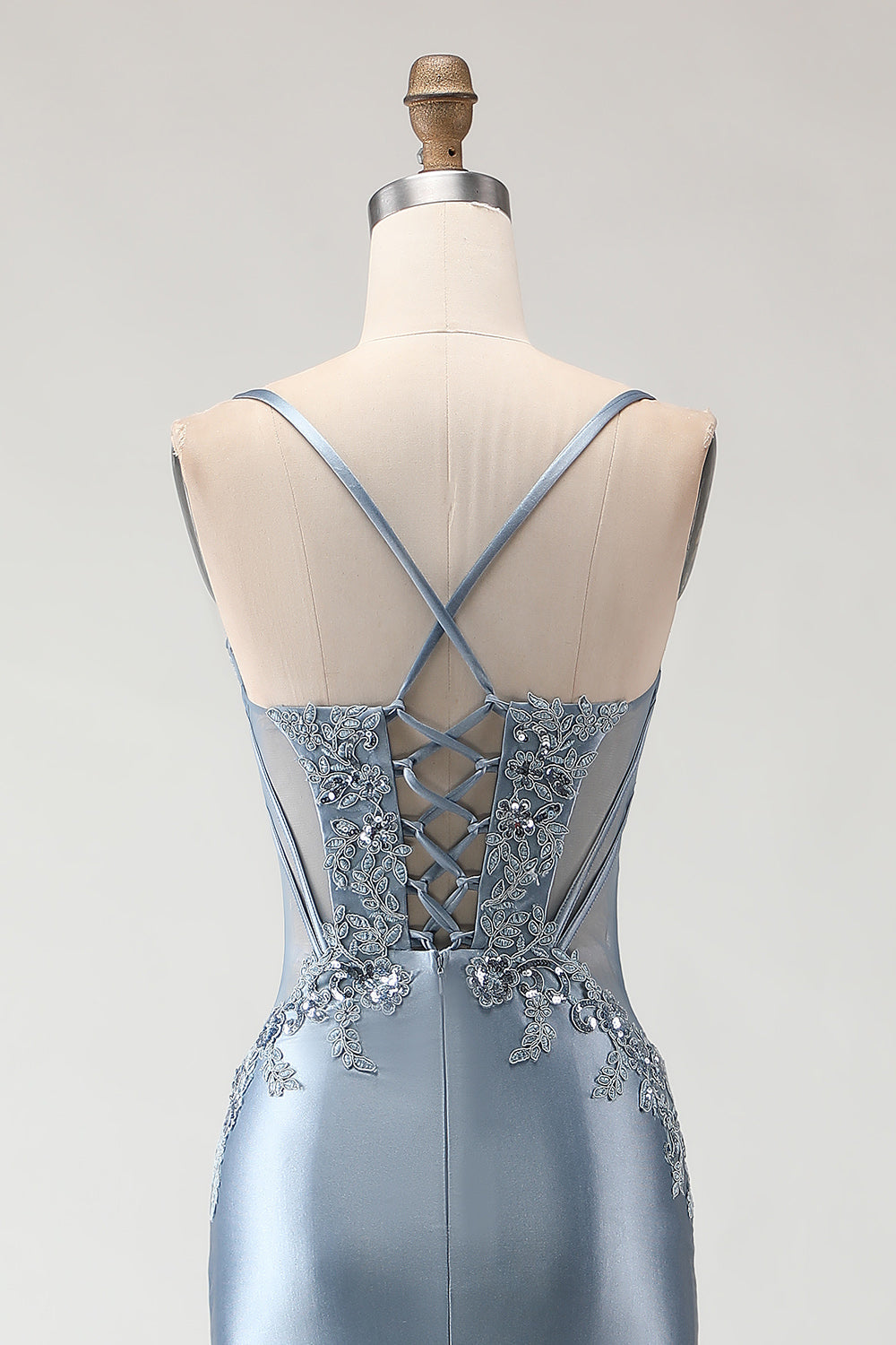 Sparkly Grey Blue Satin Mermaid Long Prom Dress with Appliques