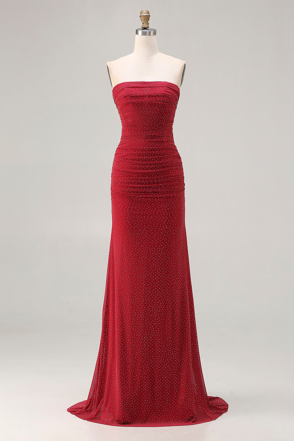 Sparkly Red Polka Dots Strapless Beaded Long Prom Dress
