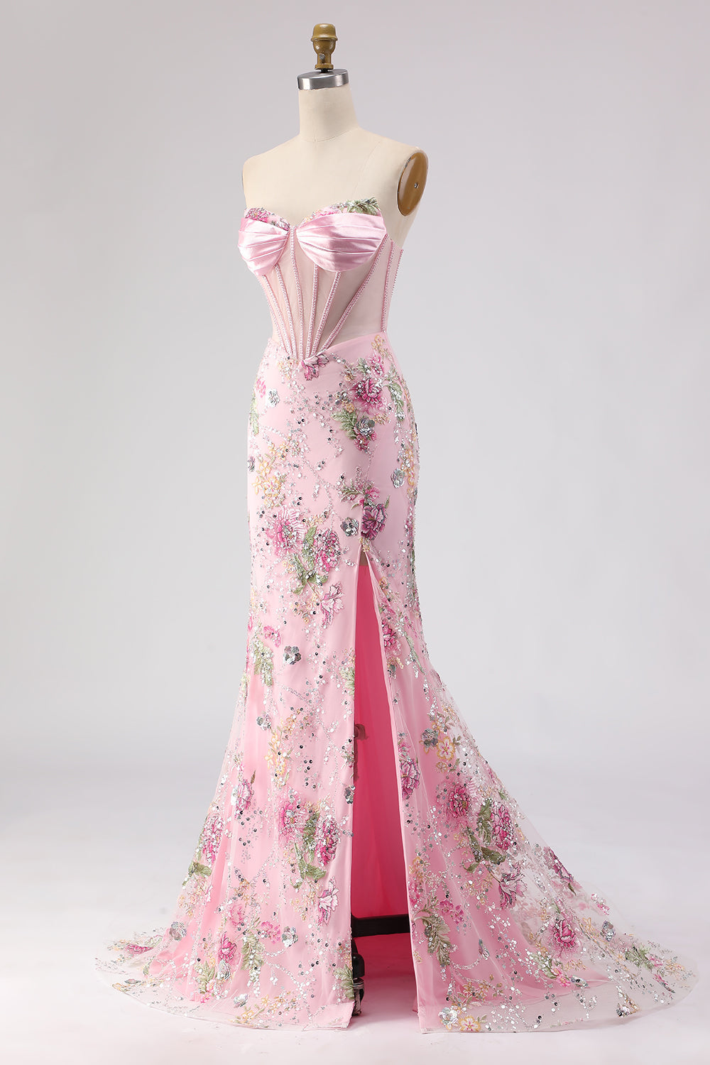 Sparkly Pink Sequins Beaded Mermaid Long Corset Prom Dress with Slit