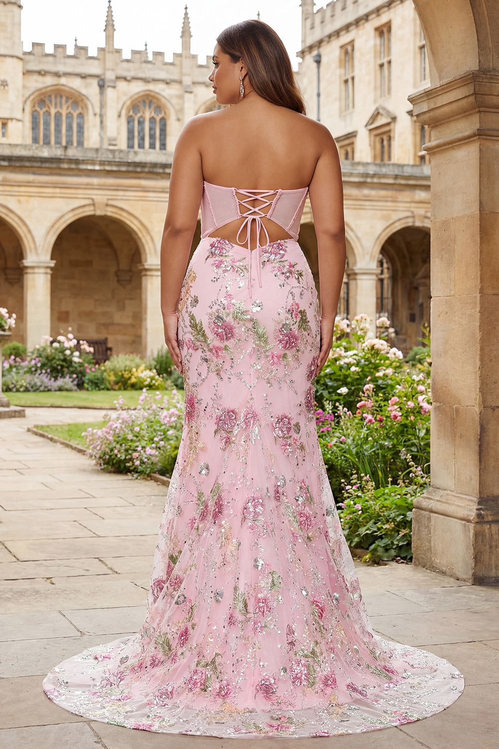 Sparkly Pink Sequins Beaded Mermaid Long Corset Prom Dress with Slit