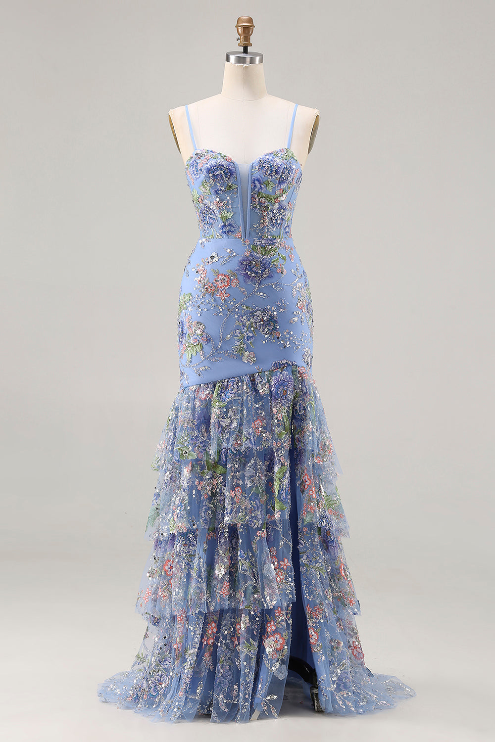 Sparkly Floral Blue Ruffled Mermaid Long Corset Prom Dress with Slit